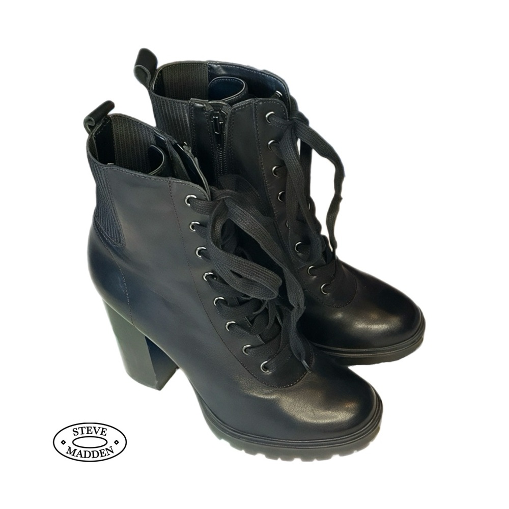 Steve Madden Latch Lace up Chunky Leather 6.5M Lug Black Grunge Moto Whimseygoth
